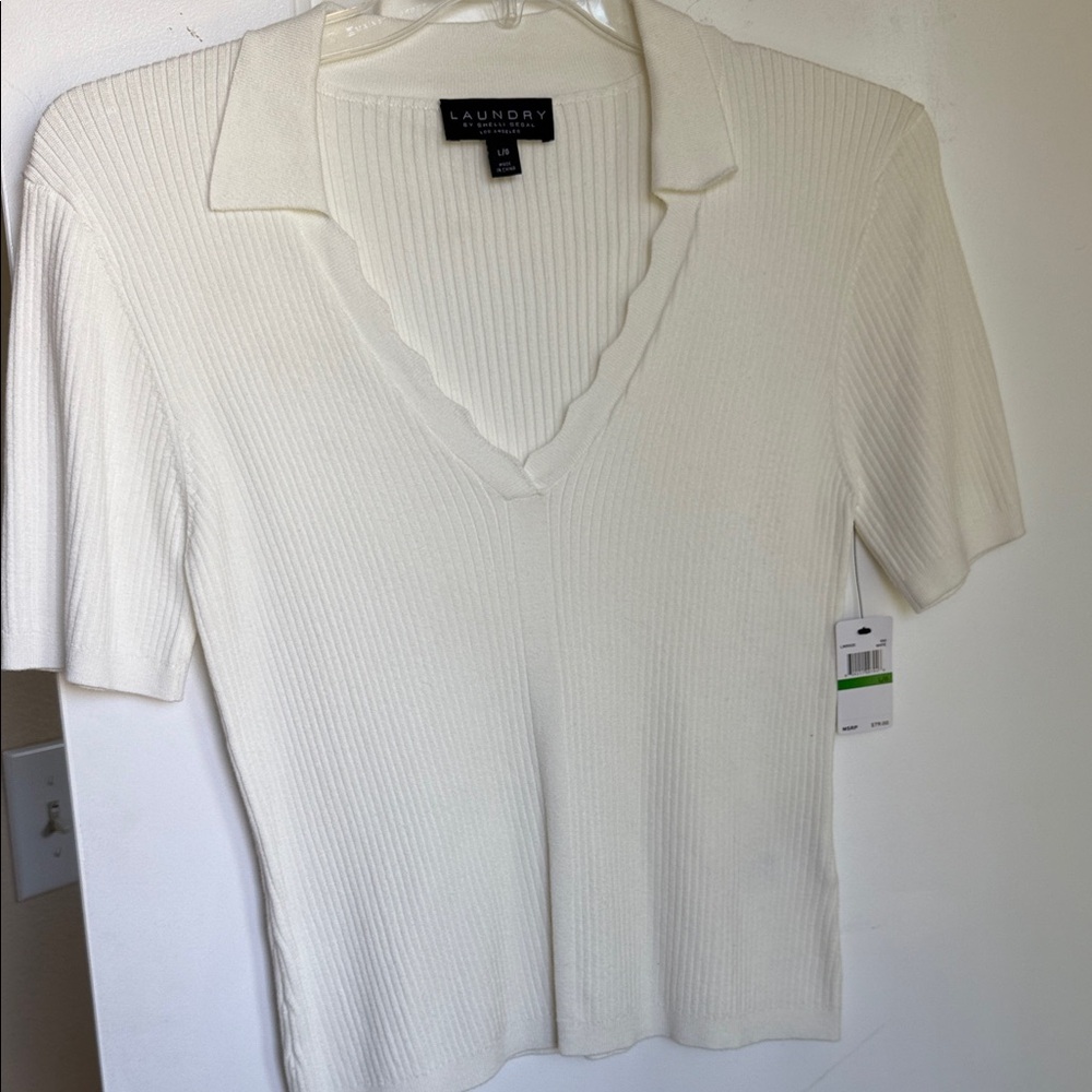 Laundry By Shelli Segal Women's White Ribbed Knit Blouse